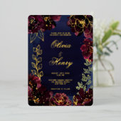 Navy Bordeaux Wedding Gold Folie Uitnodiging (Staand Voorkant)