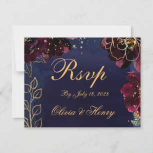 Navy Bordeaux Wedding RSVP Mail Back Kaart
