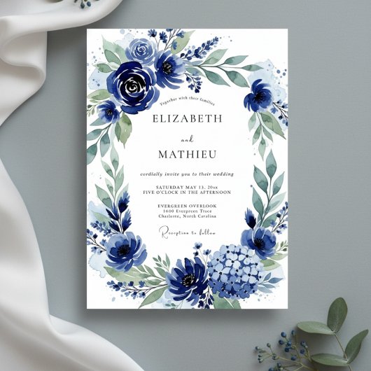 Navy Botanical Bloom Wedding Kaart