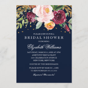 Navy Bourgogne Floral Glitter Vrijgezellenfeest Kaart