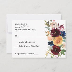 Navy, Bourgogne, roze Floral no Meal RSVP-kaart RSVP Kaartje