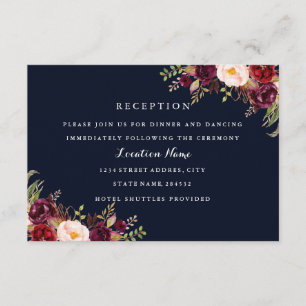 Navy Bourgondië Bloemen Herfst Bruiloft Receptie K Informatiekaartje