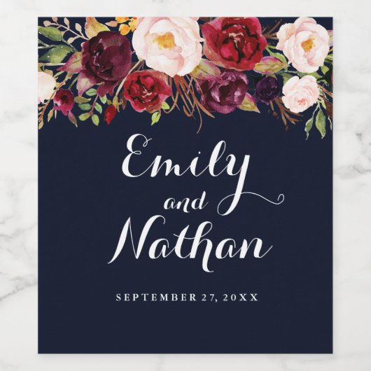 Navy Bourgondië Bloemen Herfst Bruiloft Wijn Label Wijn Etiket (Enkel label)