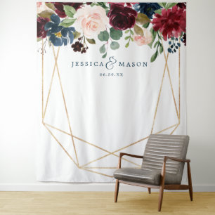 Navy Bourgondië Bloemen Wedding Decor Achtergrond Wandkleed