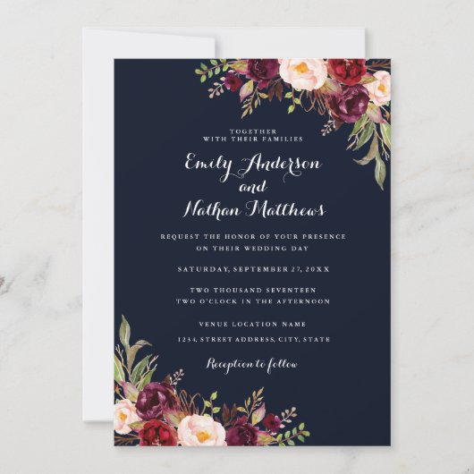 Navy Bourgondië Floral Fall bruiloft uitnodiging (Voorkant)