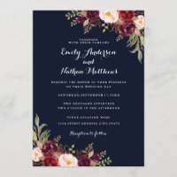 Navy Bourgondië Floral Fall bruiloft uitnodiging