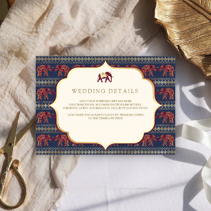 Navy Bourgondië Gold Elephant Indian Wedding Detai Informatiekaartje
