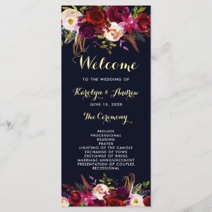 Navy Bourgondië Marsala Boho Bloemen Huwelijksprog Programma