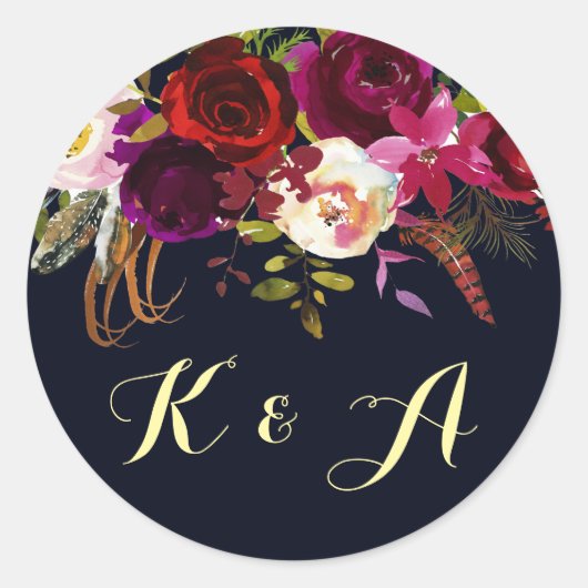Navy Bourgondië Marsala Rustiek Boho Floral Monogr Ronde Sticker (Voorkant)