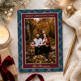 Navy Bourgondië Plaid Vintage Krans Foto Kerstmis Folie Feestdagenkaart