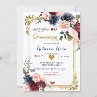 Navy Bourgondische Bloemenvlinder Quinceañera Kaart