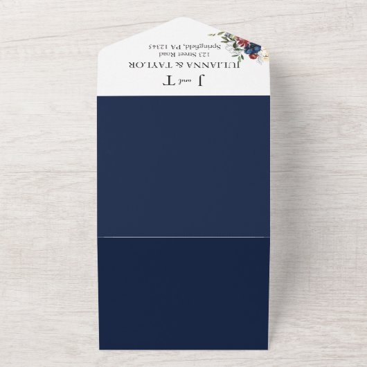 Navy & Bourgondische Waterverf Floral All In One Uitnodiging (Buitenkant)