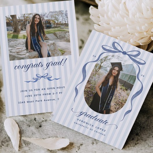 Navy Bow Graduation Open House Party Invitation