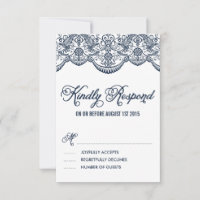 Navy Brocade Lace Wedding RSVP Kaart