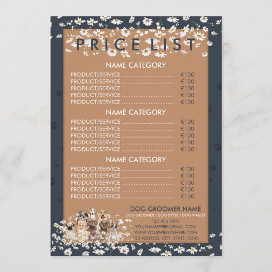 Navy Brown Daisy Flower Hondenverzorger Prijslijst Menu (Voorkant)