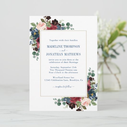 Navy Burgundy Blush Peonies Eucalyptus Weddenschap Kaart (Staand voorkant)