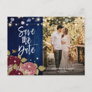 Navy Burgundy Blush Wedding Photo Save the Date Aankondigingskaart