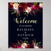 Navy Burgundy Boho Floral Welcome Wedding Sign Poster (Voorkant)