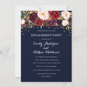 Navy Burgundy Confetti Bloemen Verlovingsfeest Kaart