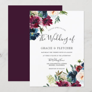 Navy & Burgundy Elegant Floral Waterverf Wedding Kaart