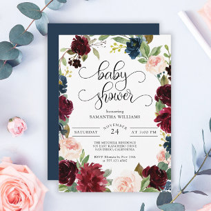 Navy Burgundy en Blush Pink Floral Baby shower Kaart