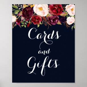 Navy Burgundy Floral Kaarten en Gifts Wedding Poster