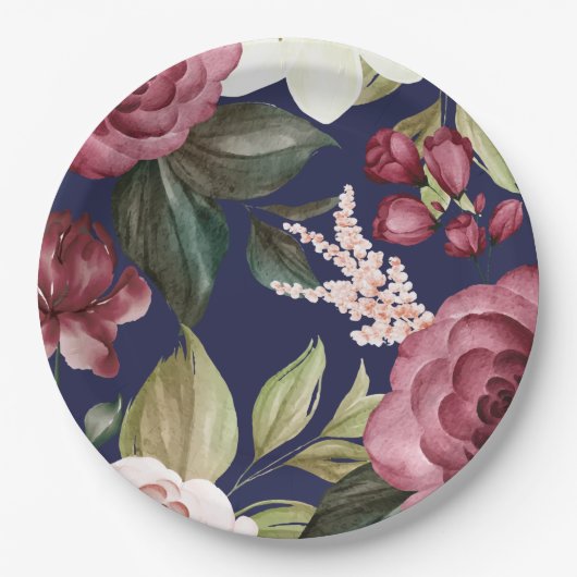 Navy Burgundy Floral Paper Bord (Voorkant)