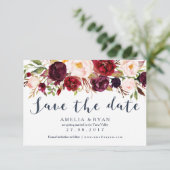 Navy Burgundy Floral Save the Date Kaart (Staand voorkant)