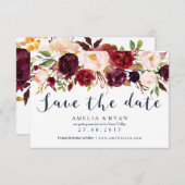 Navy Burgundy Floral Save the Date Kaart (Voorkant / Achterkant)