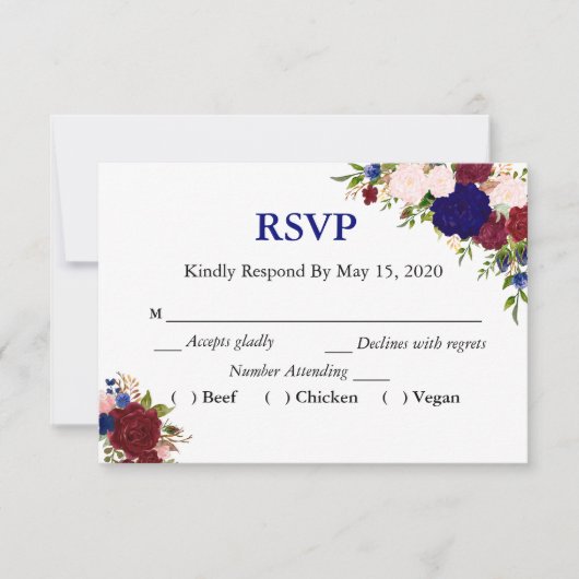 Navy Burgundy Floral Waterverf RSVP Wedding Meal (Voorkant)