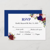 Navy Burgundy Floral Waterverf RSVP Wedding Meal (Voorkant / Achterkant)