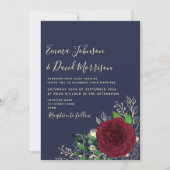 Navy Burgundy Floral Wedding Invitation Kaart (Voorkant)