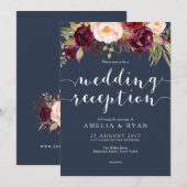 Navy Burgundy Floral Wedding Reception Kaart (Voorkant / Achterkant)