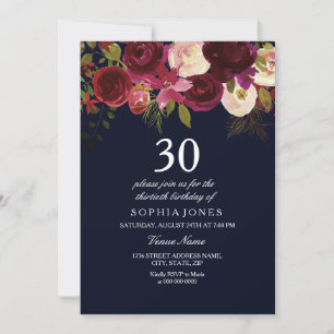 Navy & Burgundy Flowers 30th Birthday Party Invite Kaart