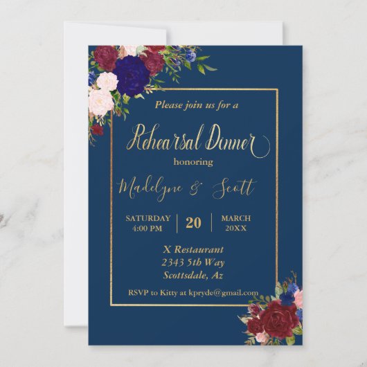 Navy Burgundy Gold Rehearsal Dinner Wedding Kaart (Voorkant)