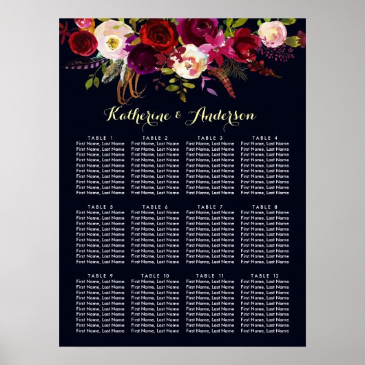 Navy Burgundy Marsala Floral Wedding Seating Chart Poster (Voorkant)