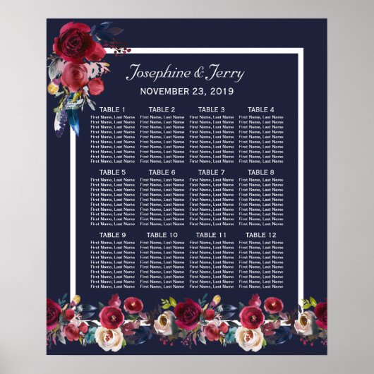 Navy Burgundy Merlot Floral Wedding Seating Chart Poster (Voorkant)