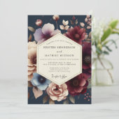 Navy Burgundy Moody Bloom Wedding Kaart (Staand voorkant)