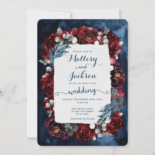 Navy Burgundy Peony Wedding Invitation Suite Kaart (Voorkant)