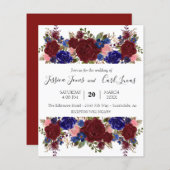 Navy Burgundy Romantic Wedding Floral Square Invit (Voorkant / Achterkant)