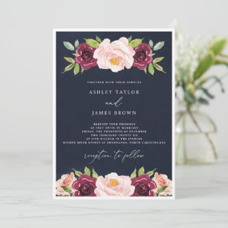 Navy Burgundy Watercolor Wedding Invitation Kaart