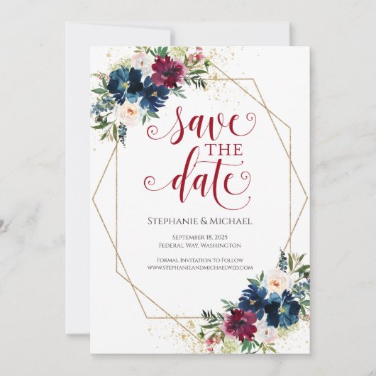 Navy Burgundy Waterverf Floral Save the Date (Voorkant)