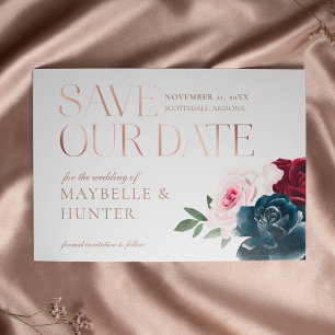 Navy Burgundy Waterverf Roos Gold Save Our Date Aankondigingskaart