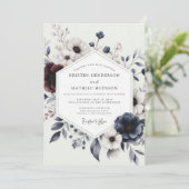 Navy Burgundy Winter Bloom Wedding Kaart (Staand voorkant)