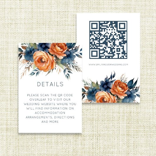Navy Burnt Orange Florals Wedding Details Informatiekaartje