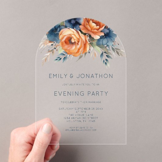 Navy Burnt Orange Florals Wedding Evening Party Acryl Uitnodigingen (Insitu (Draagbaar))
