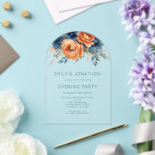 Navy Burnt Orange Florals Wedding Evening Party Acryl Uitnodigingen (Insitu (Huwelijk))
