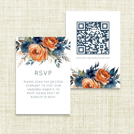 Navy Burnt Orange Florals Wedding RSVP Kaartje