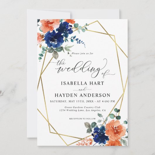 Navy Burnt Oranje Floral Gold Lijst Wedding Kaart (Voorkant)