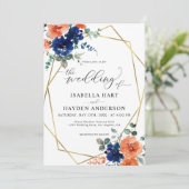 Navy Burnt Oranje Floral Gold Lijst Wedding Kaart (Staand voorkant)